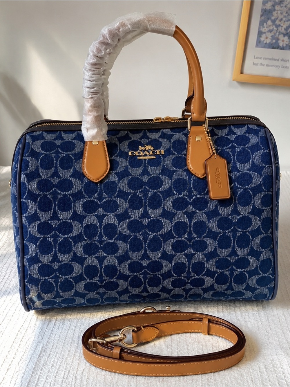 Coach Navy Signature Canvas Satchel with Saddle Leather Trim